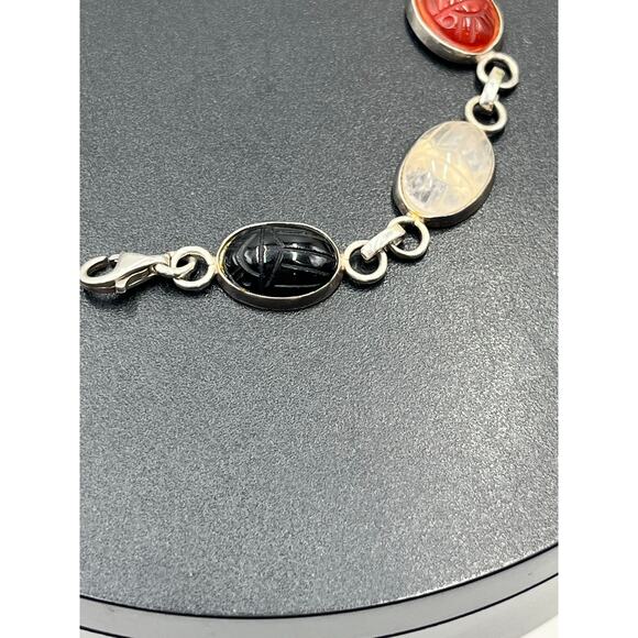 Sterling Silver Scarab Carnelian Lapis Tiger Eye Six Natural Stones Bracelet 8” - Picture 4 of 9